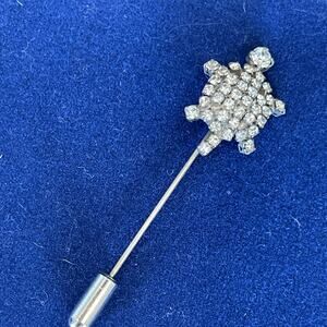 Vintage Clear Rhinestone Turtle Stick Pin Lapel Hat Pin Silver Tone Figural